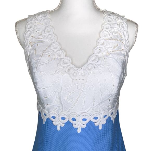 Lilly Pulitzer Sandi Blue Peri Leaf Pattern White Lace Stretch Shift Dress - Picture 8 of 11